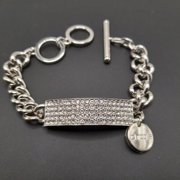 Chico's Pave Rhinestone Silver I.D. Style Bracelet, Toggle Clasp, 8 1/2 Inches - Picture 2 of 9